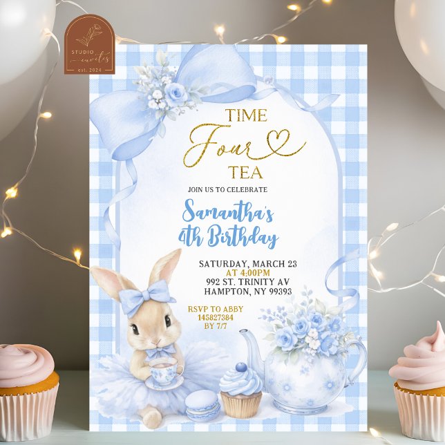 Invitación Blue Gingham Bow Bunny Tea Party Fourth Birthday (Subido por el creador)
