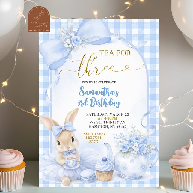 Invitación Blue Gingham Bow Bunny Tea Party Third Birthday (Subido por el creador)