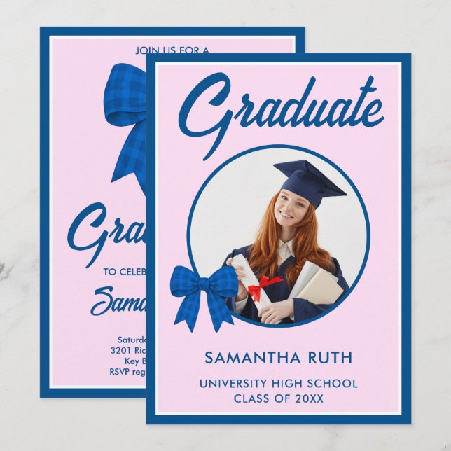 Invitación Blue Gingham Bow Photo Graduation Party (Anverso / Reverso)