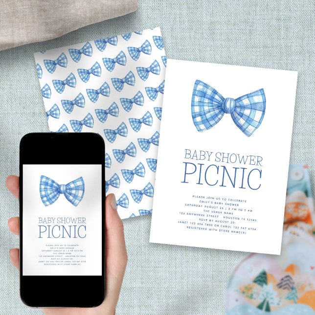 Invitación Blue Gingham Bow Tie Baby Shower Picnic (Front and back view)
