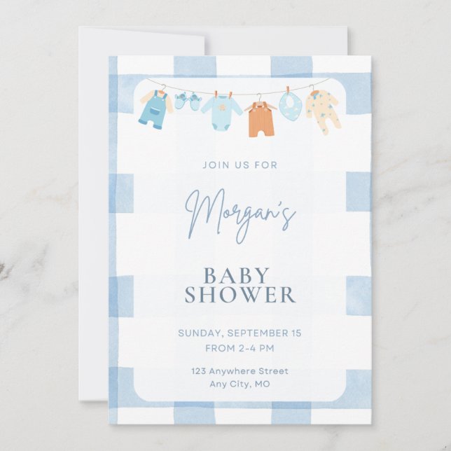 Invitación Blue Gingham Boy Baby Shower Invitation (Anverso)