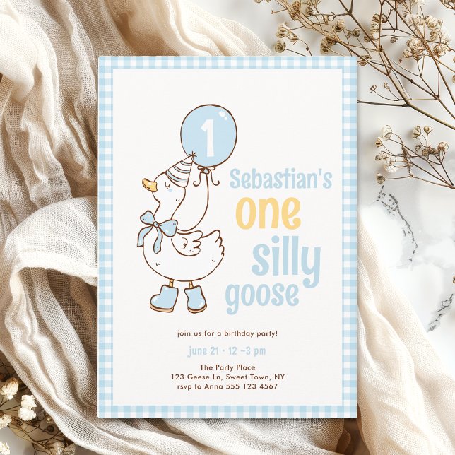 Invitación Blue Gingham Boy One Silly Goose 1st Birthday (The front  of the invitation  is shown in 5x7-inch size. Choose size, paper, and corner style.)