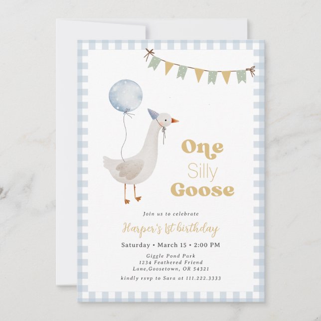 Invitación Blue Gingham Boy One Silly Goose Birday (Anverso)