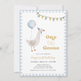 Invitación Blue Gingham Boy One Silly Goose Birday