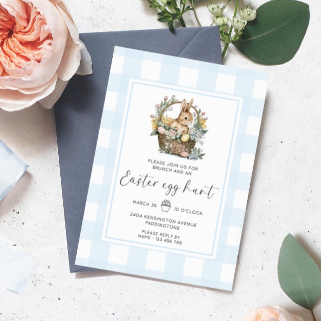 Invitación Blue Gingham Bunny Easter Egg Hunt (Easter Egg Hunt Invitation Gingham )
