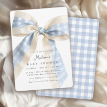 Blue Gingham Checks Bow Cute Baby Shower
