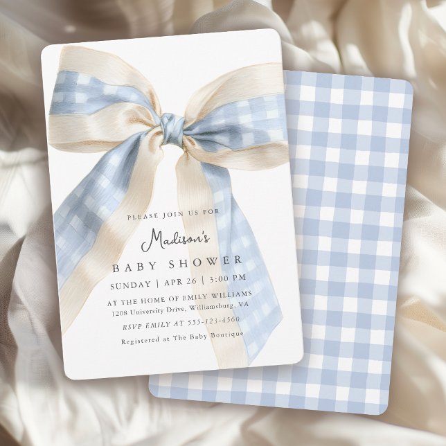 Invitación Blue Gingham Checks Bow Cute Baby Shower (Subido por el creador)