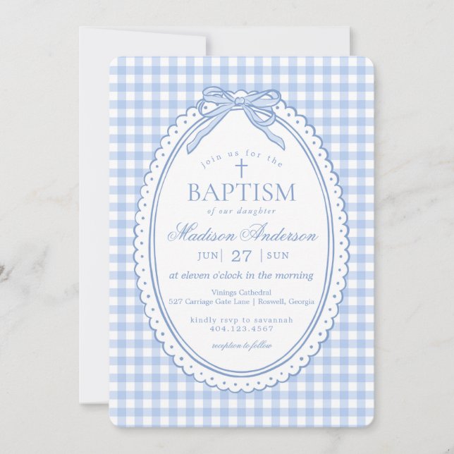 Invitación Blue Gingham Coquette Bow Baptism (Anverso)