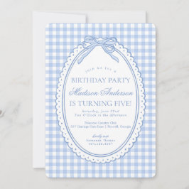 Invitación Blue Gingham Coquette Bow Birthday Party
