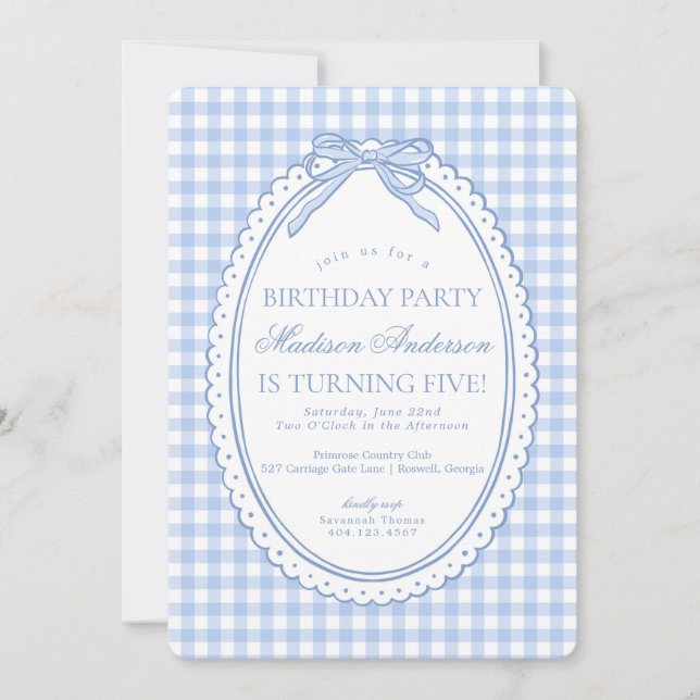 Invitación Blue Gingham Coquette Bow Birthday Party (Anverso)