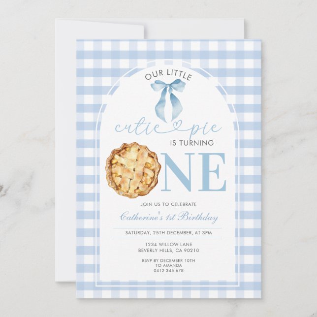 Invitación Blue Gingham Cutie Pie First Birthday Invitation (Anverso)