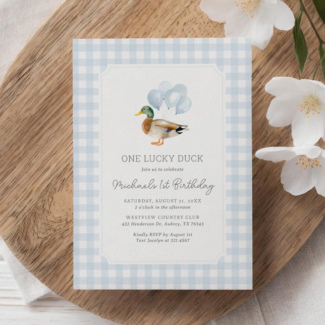 Invitación Blue Gingham Duck Primer Cumpleaños (Subido por el creador)