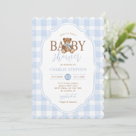 Invitación Blue Gingham Elegant Teddy Bear Baby Shower
