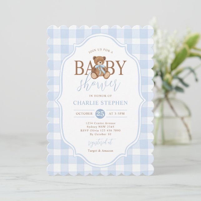 Invitación Blue Gingham Elegant Teddy Bear Baby Shower (Anverso de pie)