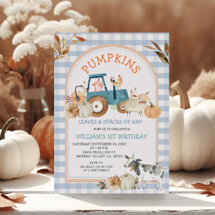 Invitación Blue Gingham Fall Pumpkin Farm Animal Birday