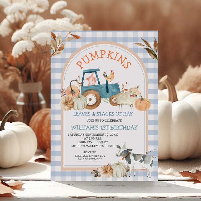 Invitación Blue Gingham Fall Pumpkin Farm Animal Birday (Subido por el creador)