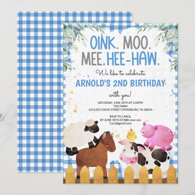 Invitación Blue Gingham Farm Animals Boy Birthday Barnyard (Anverso / Reverso)