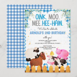 Invitación Blue Gingham Farm Animals Boy Birthday Barnyard