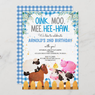 Invitación Blue Gingham Farm Animals Boy Birthday Barnyard