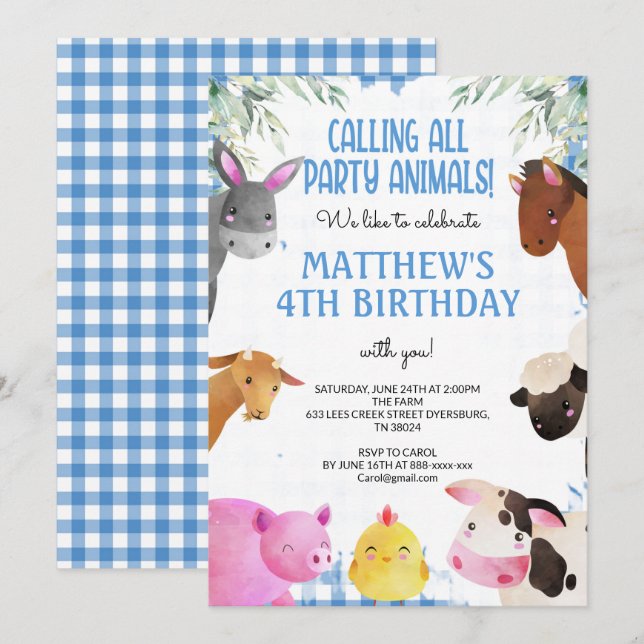 Invitación Blue Gingham Farm Animals Boy Birthday Barnyard (Anverso / Reverso)