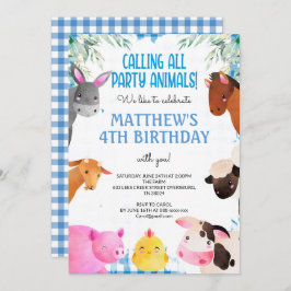 Invitación Blue Gingham Farm Animals Boy Birthday Barnyard