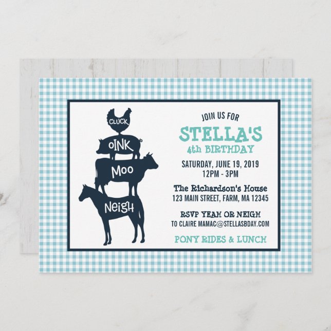 Invitación Blue Gingham Farm Tema Animal Cumpleaños (Anverso / Reverso)