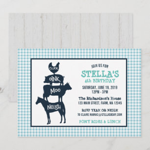 Invitación Blue Gingham Farm Tema Animal Cumpleaños
