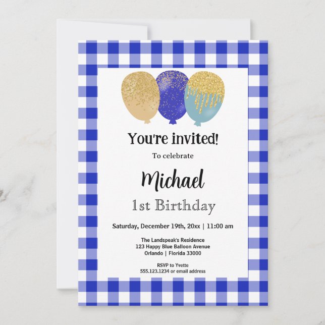 Invitación Blue Gingham, Fiesta Balloons Primer cumpleaños (Anverso)