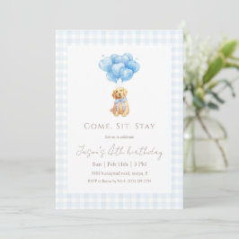 Invitación Blue Gingham Golden Retriever Puppy Birthday