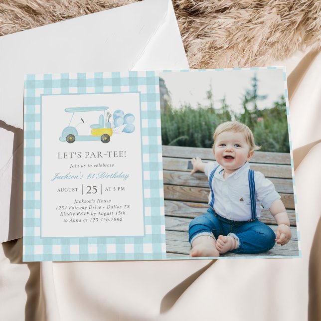 Invitación Blue Gingham Golf Boy 1er cumpleaños foto (Subido por el creador)