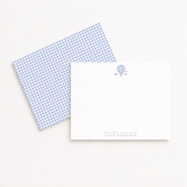 Invitación Blue Gingham Hot Air Balloon Nursery Note Card (Subido por el creador)