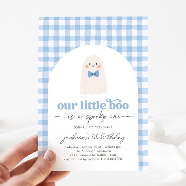 Invitación Blue Gingham Little Boo Ghost 1er cumpleaños (Subido por el creador)