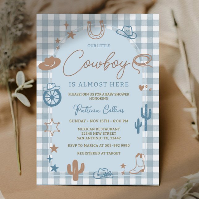 Invitación Blue Gingham Little Cowboy Wild West Baby Shower (Subido por el creador)