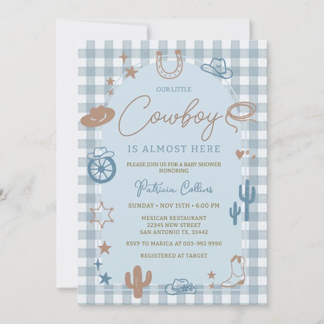 Invitación Blue Gingham Little Cowboy Wild West Baby Shower (Anverso)