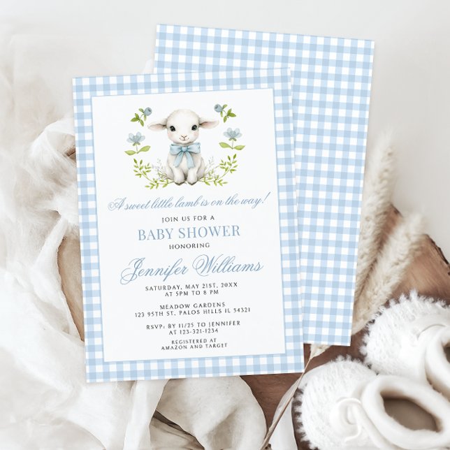 Invitación Blue Gingham Little Lamb Baby Shower (Subido por el creador)