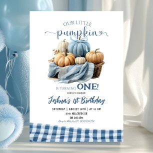 Invitación Blue Gingham Little Pumpkin Birday