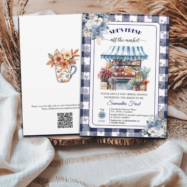 Invitación Blue Gingham Off the Market QR Code Bridal Shower  (Subido por el creador)