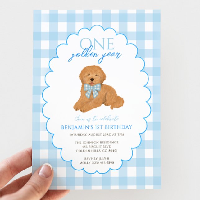 Invitación Blue Gingham One Golden Year 1st Birthday Puppy (Subido por el creador)