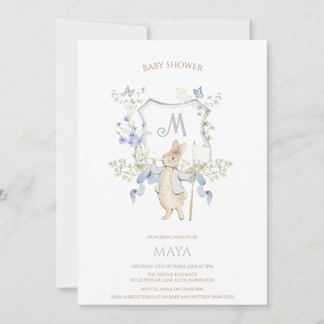 Invitación Blue Gingham Peter the Rabbit Baby Shower MUTED BL (Anverso)