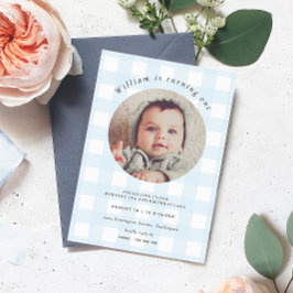 Invitación Blue Gingham Photo Birthday