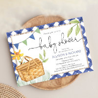 Blue gingham picnic baby ducha Picnic en el parque