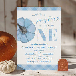 Invitación Blue Gingham Preppy Pumpkin Boy 1er cumpleaños