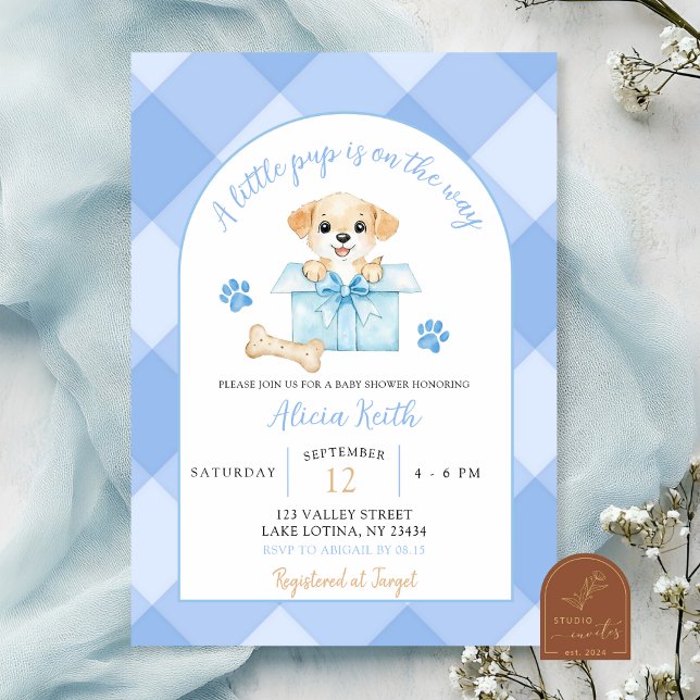 Invitación Blue Gingham Puppy Baby Shower (Subido por el creador)
