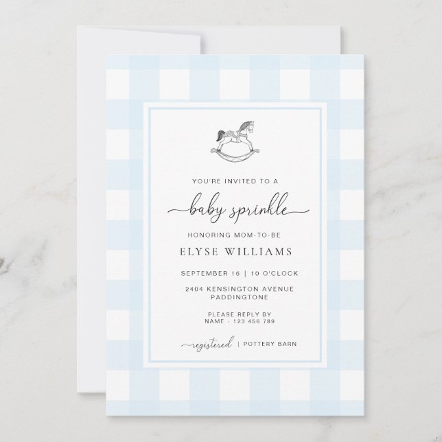 Invitación Blue Gingham Rocse Hípica Sprinkle (Anverso)