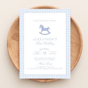 Invitación Blue Gingham Rocse Horse Boy Birthday