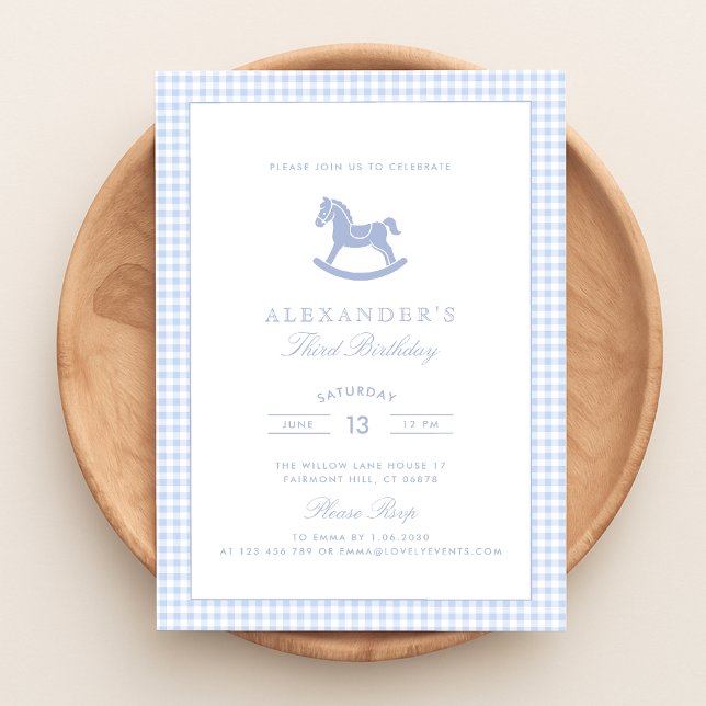Invitación Blue Gingham Rocse Horse Boy Birthday (Subido por el creador)
