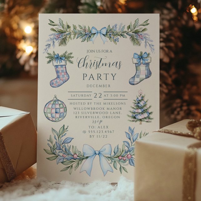 Invitación Blue Gingham Stocking Christmas (Subido por el creador)