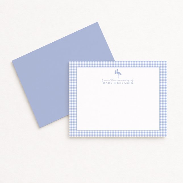Invitación Blue Gingham Stork Nursery Note Card (Subido por el creador)