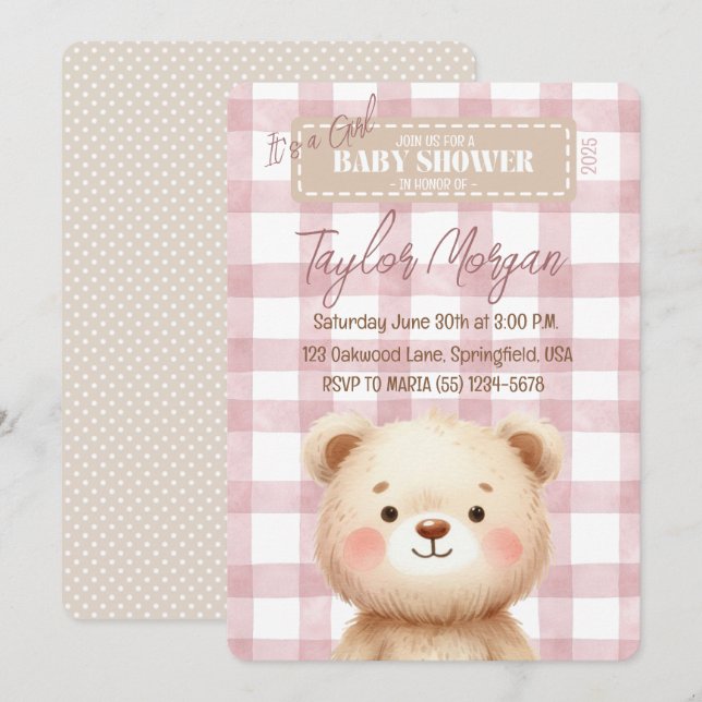 Invitación Blue Gingham Teddy Bear (Anverso / Reverso)