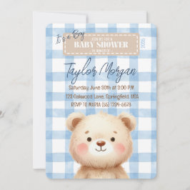 Invitación Blue Gingham Teddy Bear